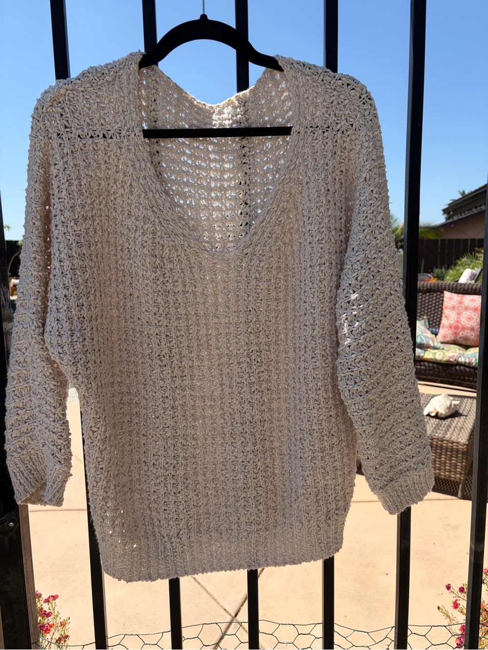 Light Cream Open-Weave V-Neck Women’s Sweater
